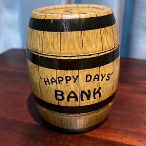 Vintage J. Chien Tin Coin Bank "Happy Days" Barrel Bank